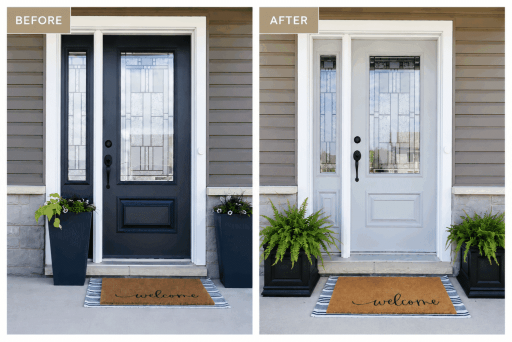 paint front porch door before and after