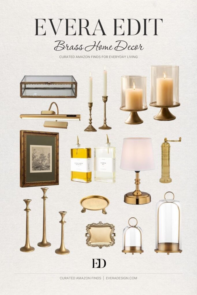 Collage of brass and warm-gold home decor, including mirrors, candleholders, frames, lighting, and trays
