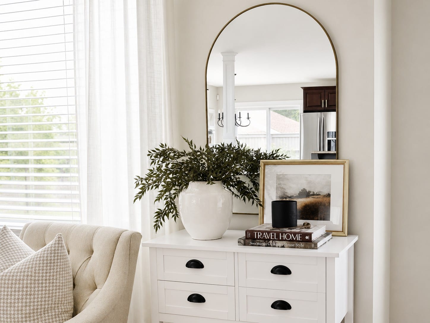 entry table with brass accents