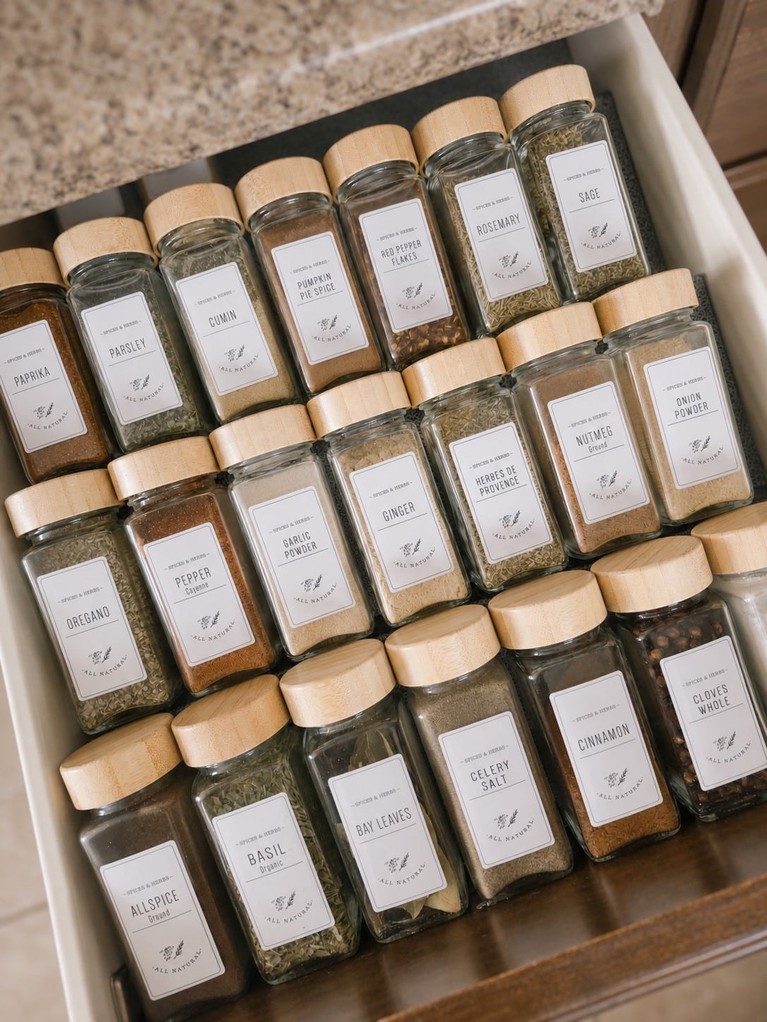 spice drawer organized with spices