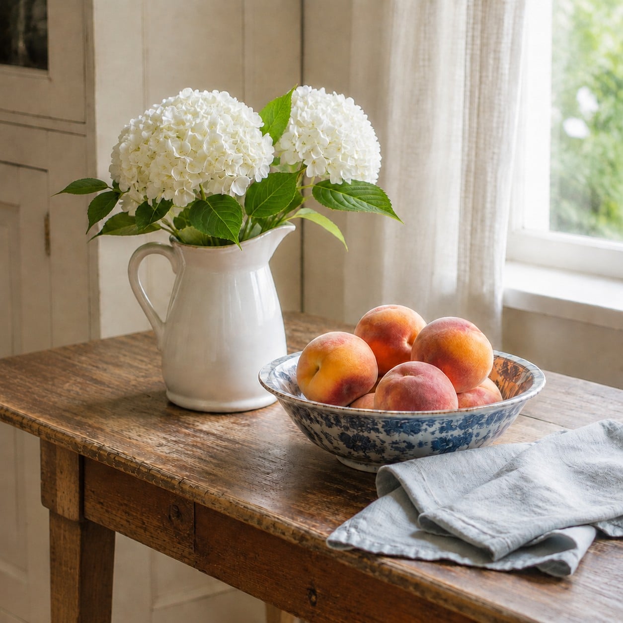 summer floral on table with bowl of peaches