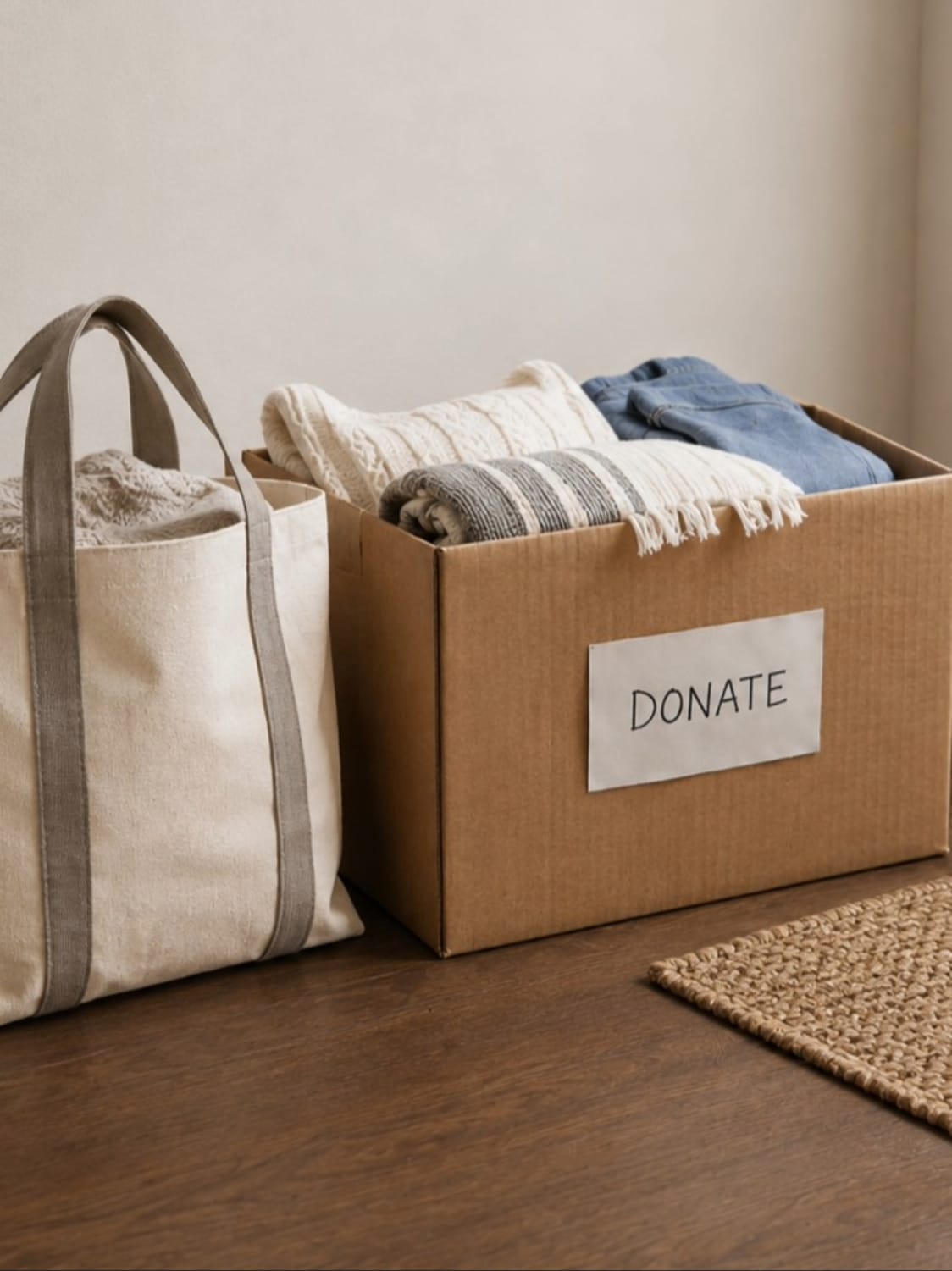 easy decluttering tips_donations at front door in box and bag