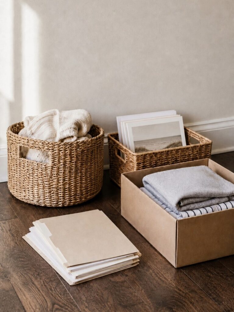 easy decluttering tips boxes and baskets with stuff