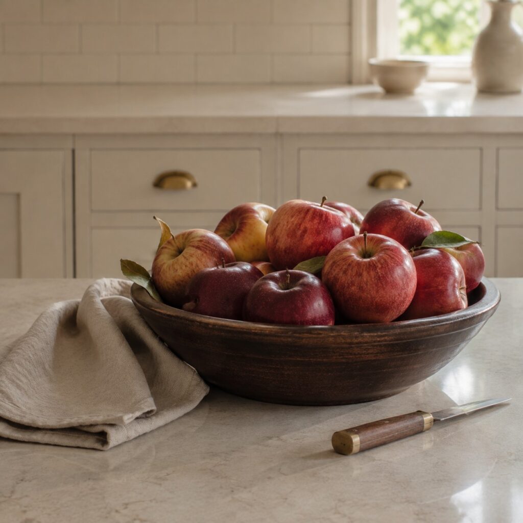 bowl of fall apples in a wooden bowl on a marble countertop