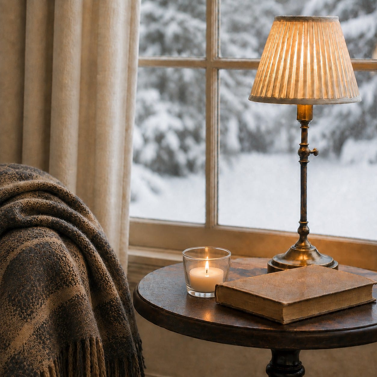 winter scene with lamp and candle on table with cozy throw nearby