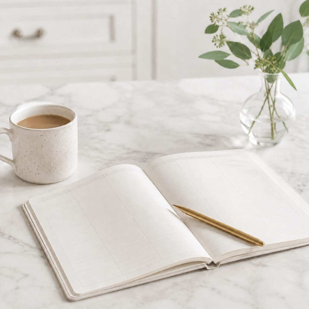 planner on counter with coffee mug and small plant