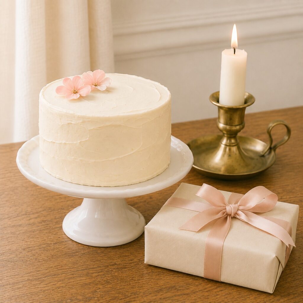 traditions cake candle light and wrapped gift