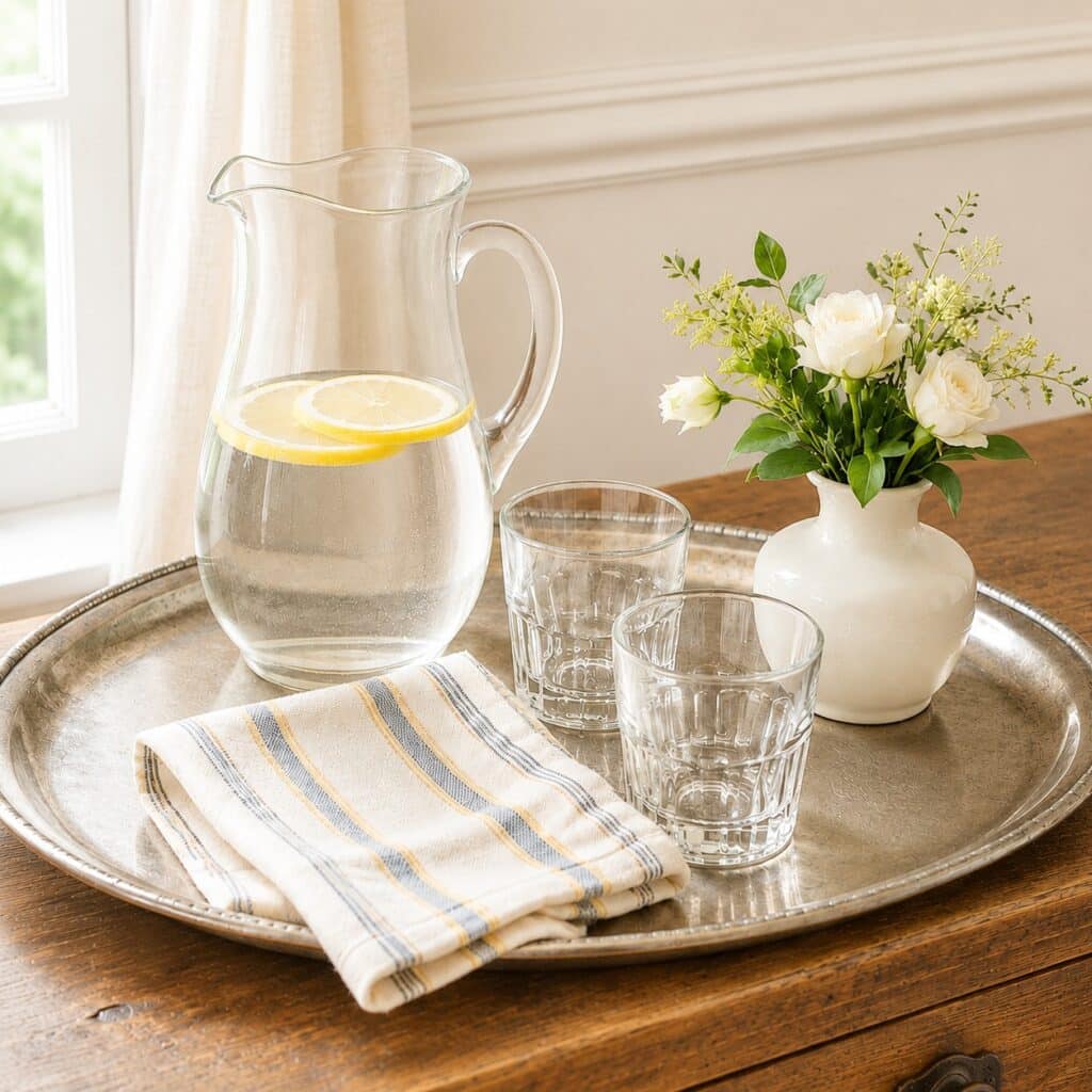 lemon water and glasses on a silver platter