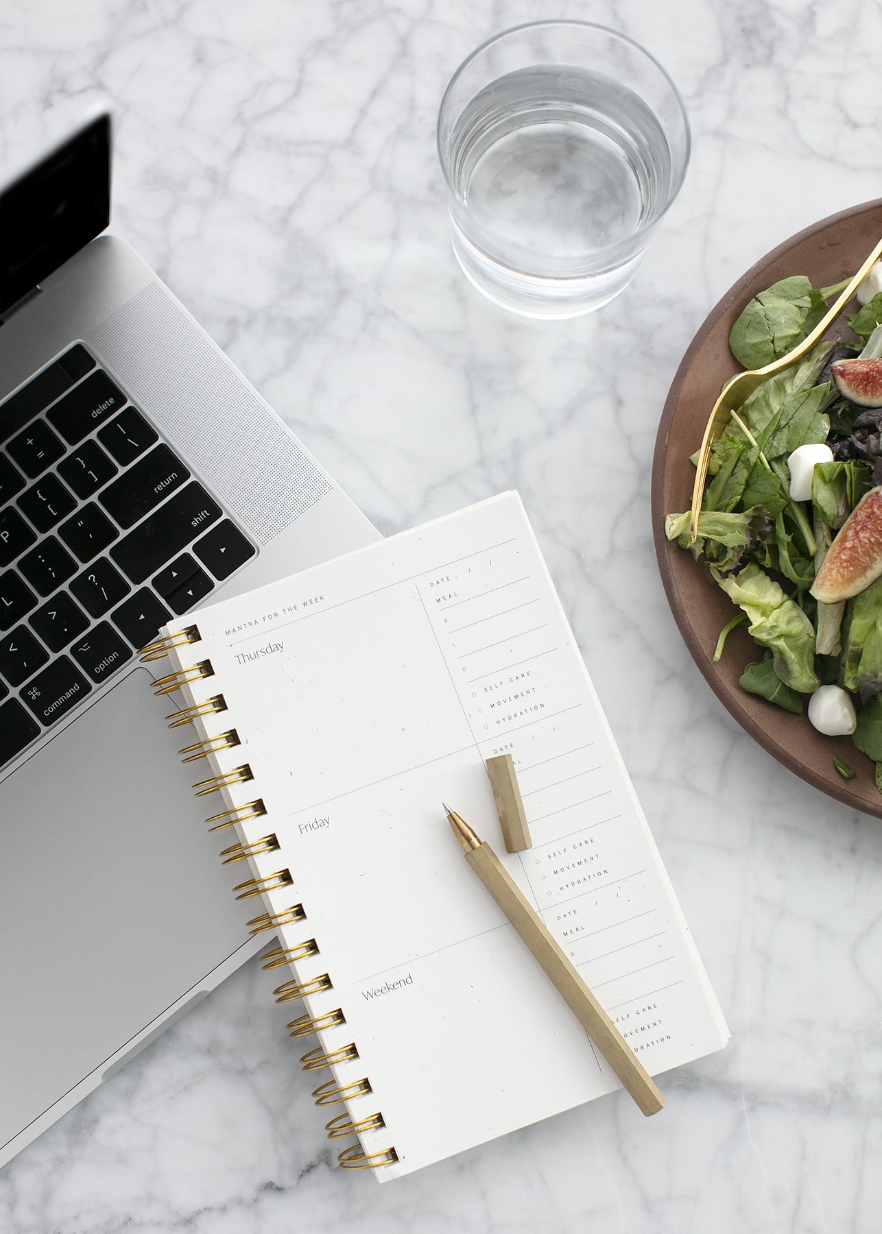 batching tasks with computer, planner, and salad during lunch