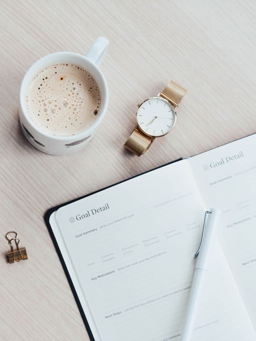 full focus planner, coffee and watch